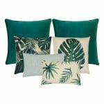 Collection of 6 green velvet and leaf-printed polyester cushions
