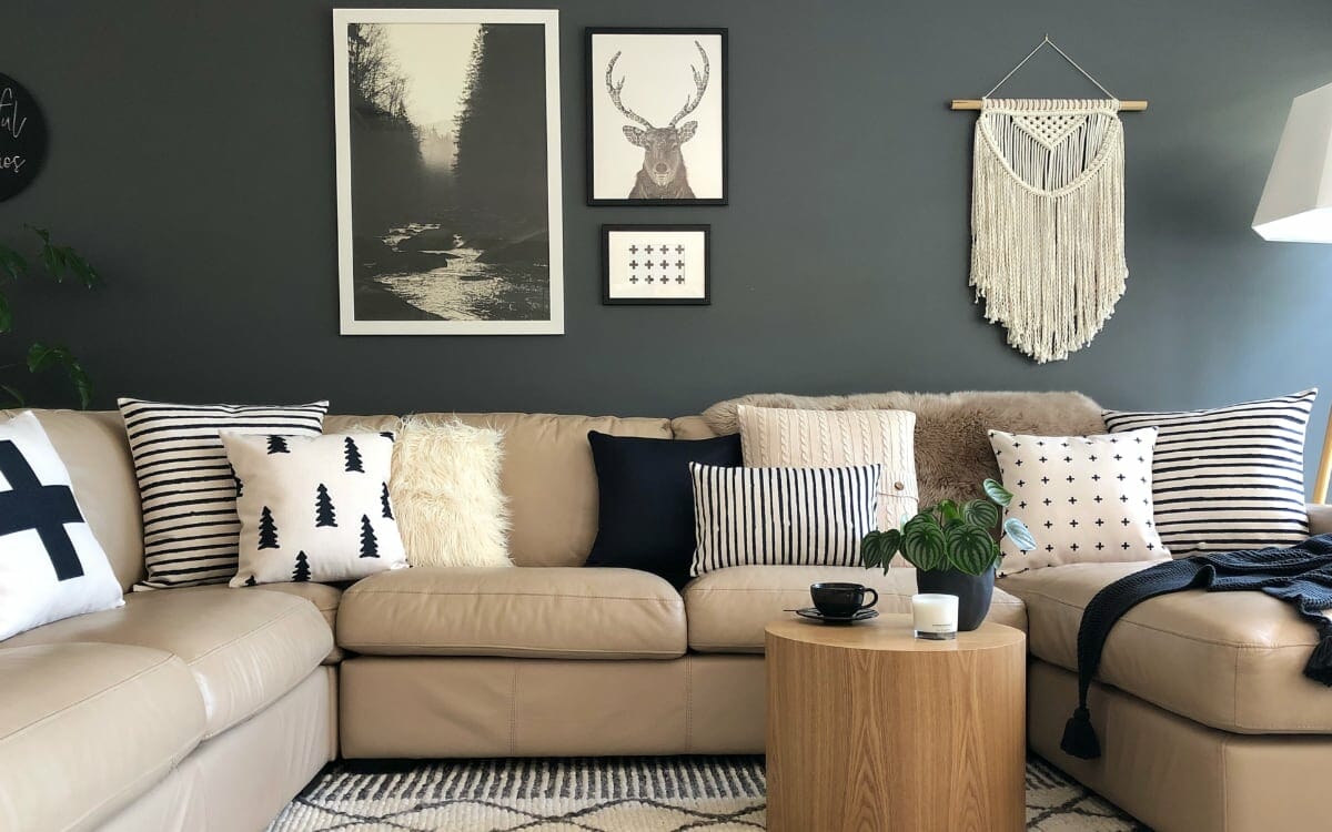 Black and white Cora cushions in a Scandi influenced room