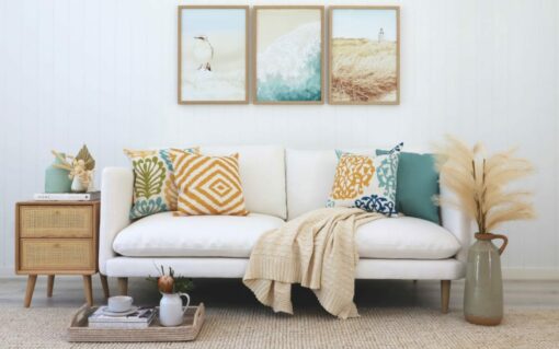 Yellow and teal Juno cushion range styled in a coastal themed room