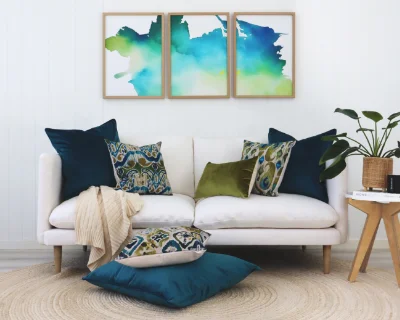 A room decorated in an Ikat theme with matching designs and prints.