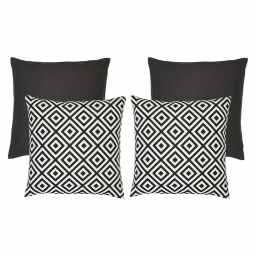 A collection of four black and white outdoor cushions featuring two plain cushions and two geometric design cushions..