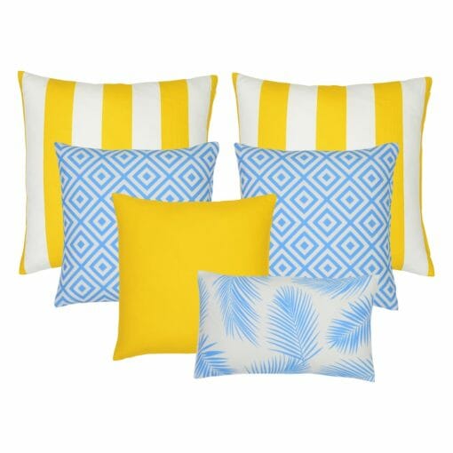 A collection of yellow and blue outdoor cushion covers in diamond, stripe and floral patterns