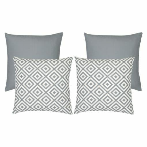 A collection of four grey outdoor cushions featuring two plain grey cushions and two geometric design cushions.