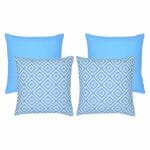 A collection of four light blue outdoor cushions featuring two geometric design cushions and two plain light blue cushions.