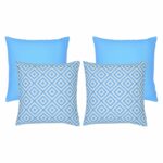 A collection of four light blue outdoor cushions featuring two geometric design cushions and two plain light blue cushions.