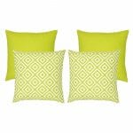 A collection of four lime green outdoor cushions featuring two plain cushions and two geometric design cushions.