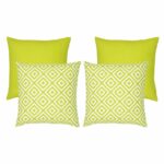 A collection of four lime green outdoor cushions featuring two plain cushions and two geometric design cushions.