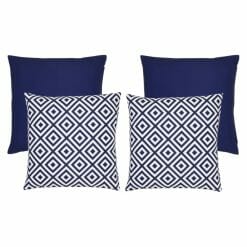 A collection of four navy blue coloured outdoor cushions featuring two plain cushions and two geometric design cushions.