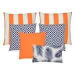 A set of 6 navy and orange cushion covers made of outdoor fabric