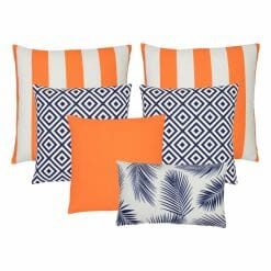 A set of 6 navy and orange cushion covers made of outdoor fabric