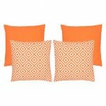 An image of two plain orange outdoor cushions and two orange diamond patterned outdoor cushions in a set of 4.