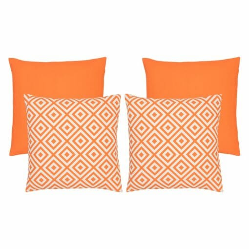 An image of two plain orange outdoor cushions and two orange diamond patterned outdoor cushions in a set of 4.