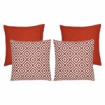 A collection of five red coloured outdoor cushions featuring two plain cushions and two geometric design cushions.