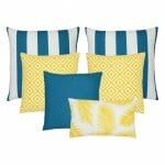 Teal and yellow outdoor cushions in a set of 6.