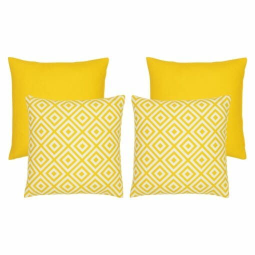 A collection of four yellow outdoor cushions featuring two geometric design cushions and two plain cushions