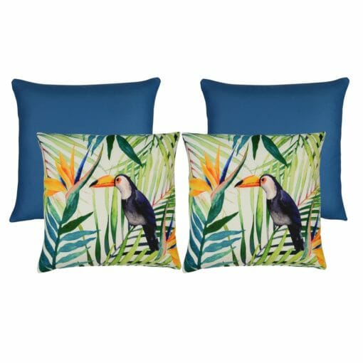 A collection of 4 UV and water resistant teal and green cushion cover with toucan design