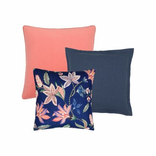 Set of three indoor cushions in pink, navy and floral designs and colours