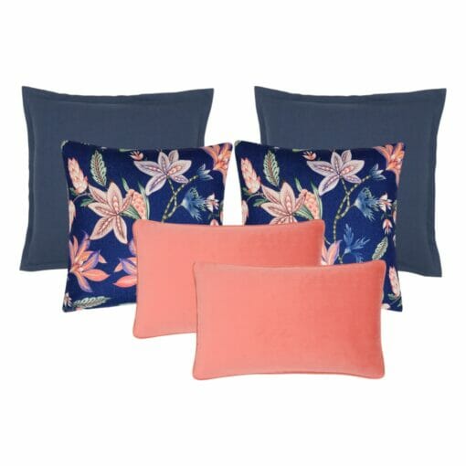 A set of 6 cushion covers in coral, navy and floral colours and designs