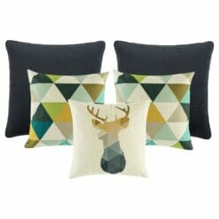 A set of 5 Scandi design inspired cushions in black and green colours and designs.