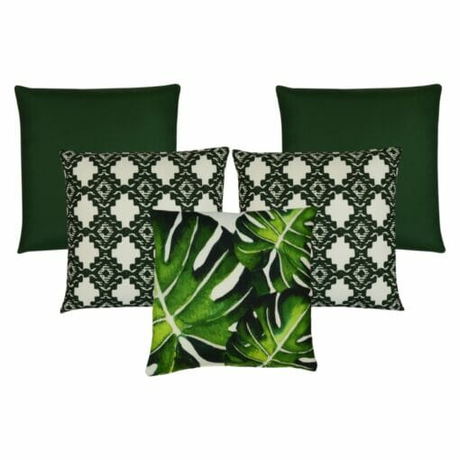 5 piece dark green, garden-inspired outdoor cushion set