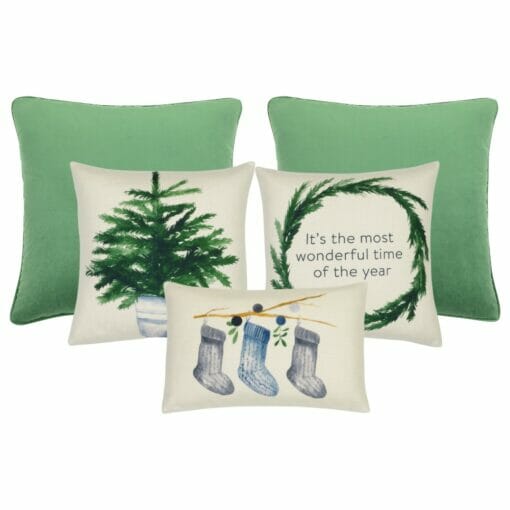 5 Christmas-themed cushion covers in green and natural colours