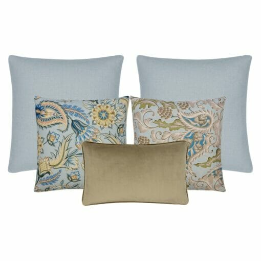 5 cushion set with pastel blue and oyster coloured square and rectangular cushions