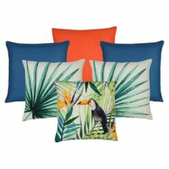 A collection of blue, orange and jungle inspired outdoor cushions