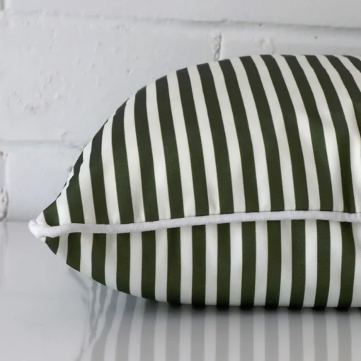Square outdoor cushion cover positioned flat to show seams. The green hue and striped design are shown between front and rear fabric panels.