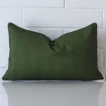 .Gorgeous rectangle outdoor cushion cover that has an olive green hue.