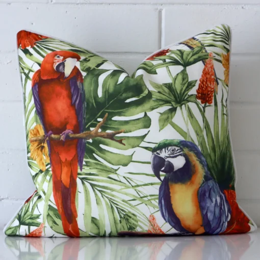 Front view of parrot tropical square cushion. Crafted from a special outdoor material.