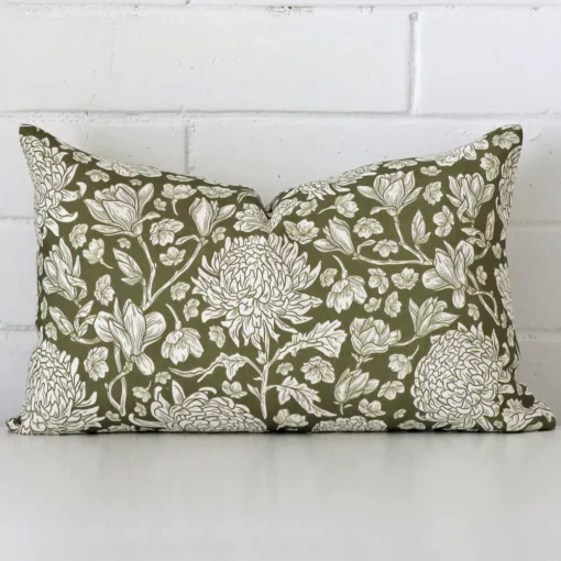 Striking rectangle olive green cushion cover featuring a floral style on quality linen fabric.