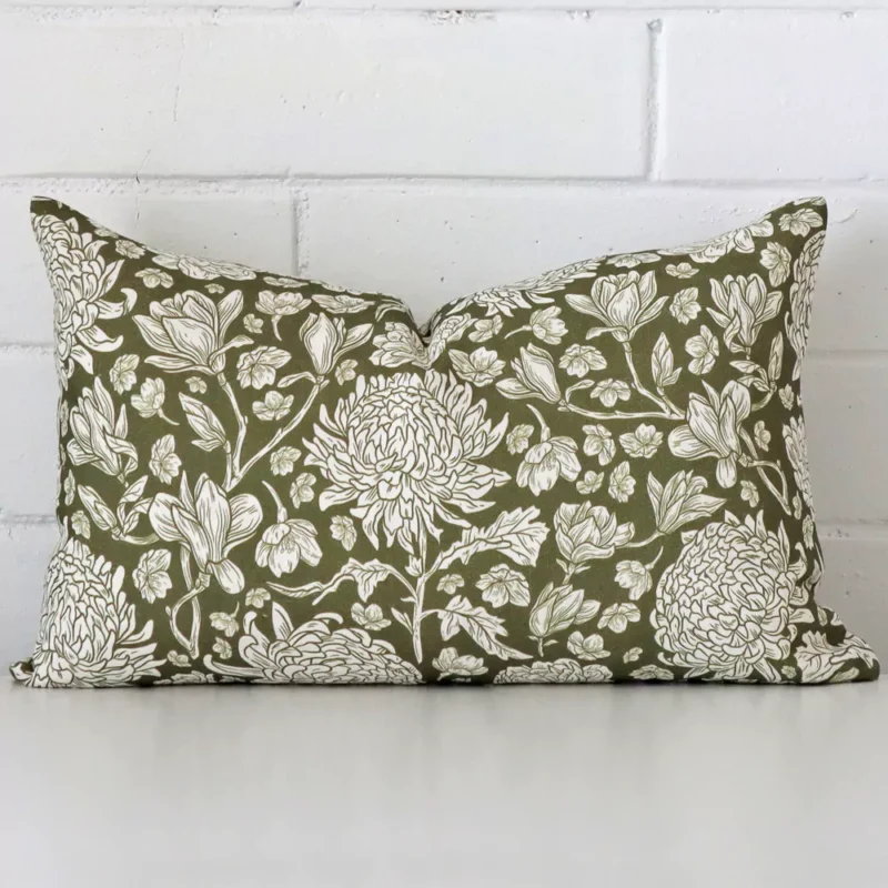 ada-linen-olive-green-floral-cushion-cover-rectangle-sc1007-30 Striking rectangle olive green cushion cover featuring a floral style on quality linen fabric.