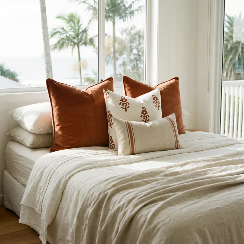 Anna cushions on bed with rust tones, small motifs and striped lumbar cushion.