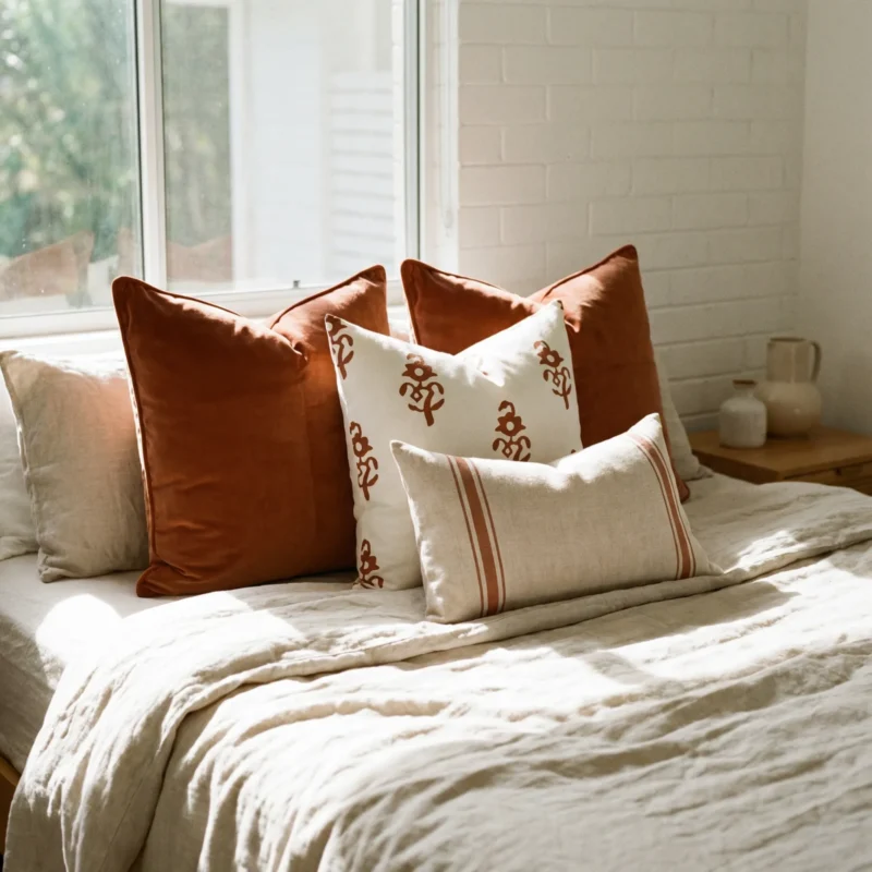 Anna cushions styled on bed with warm rust, patterned and striped neutral cushions.