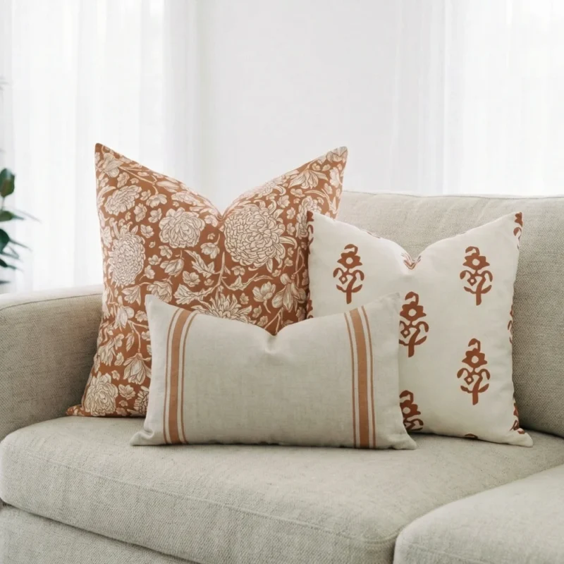 anna-couch-cushions-set-3-covers-colc1113v Elle cushions styled on sofa with burgundy, cream and soft textured designs.
