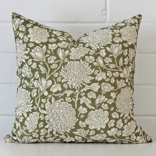 A detailed shot of this olive green cushion cover that has linen fabric and a 45x45 size.