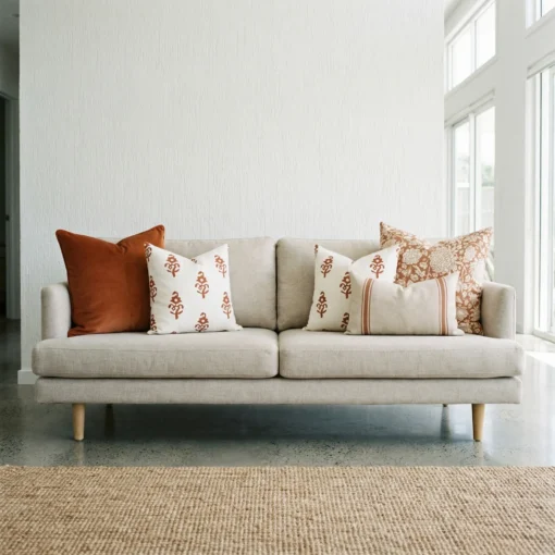 Anna cushions arranged on sofa with rust, cream and patterned neutral cushions.