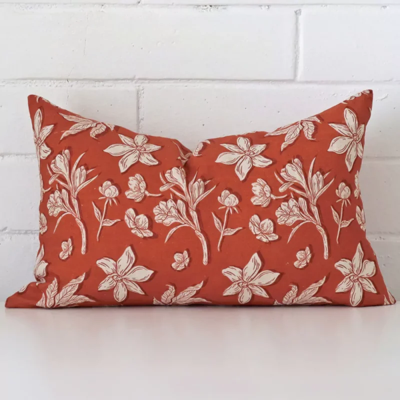 audrey-linen-rust-floral-cushion-cover-rectangle-sc1022-30 A premium linen rust cushion boasting a floral design and in a rectangle size.