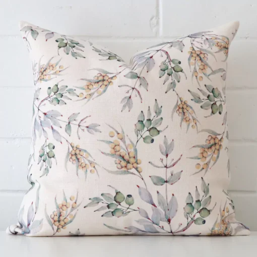 Striking square cushion cover featuring a floral style on quality linen fabric.