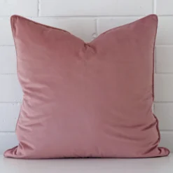 White wall with blush cushion laying against it. It has distinctive velvet fabric and has a square shape.