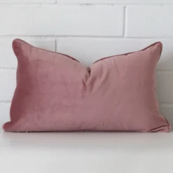 Striking rectangle blush cushion cover featuring velvet fabric.
