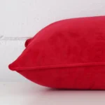 Red cushion laid horizontally. This perspective shows the edge of the velvet fabric and its rectangle shape.