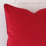 Close range image of red cushion. The square size and velvet material can be seen in detail.