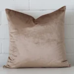 Champagne velvet cushion cover features prominently against a white wall. It has a square shape.