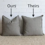 A comparison shot between two cushion inserts. The 'ours' labelled one has the chop look while the 'theirs' labelled one is bloated and has no shape.