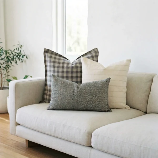 Darcy cushions on sofa with check, soft cream and muted floral patterns.