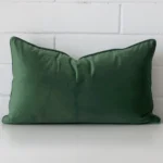 Front view of rectangle cushion. Crafted from a special velvet material in a dark sage colour.