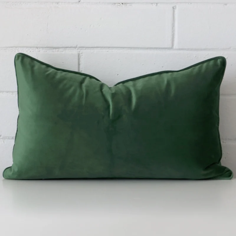 dark-sage-velvet-rectangular-cushion-cover-30cm-x-50cm-sc768-30 Front view of rectangle cushion. Crafted from a special velvet material in a dark sage colour.