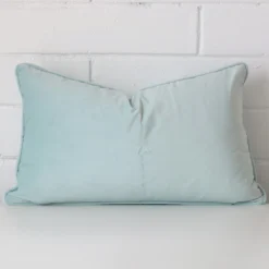 Duck egg TYPE cushion cover in front of a white wall. It has a rectangle size and is made from a velvet material.