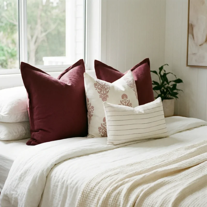 elle-bed-cushions-set-4-covers-colc1123zz Elle cushions on bed with deep burgundy, soft floral and fine stripe patterns.